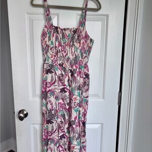 Floral Midi Dress with Pink and Green Accents